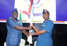 Chief of Defence Space Administration (CDSA), Air Vice Mrshal AO Jolasinmi hands over the mantle of Leadership to Air Vice Marshal AA Shinkafi